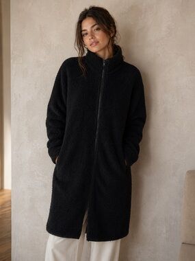 Joe Fresh Black Teddy Fleece Long Zip Coat